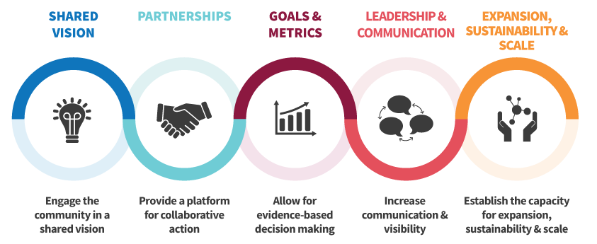 A graphic with five icons containing the text "SHARED VISION, PARTNERSHIPS, GOALS & METRICS, LEADERSHIP & COMMUNICATION EXPANSION, SUSTAINABILITY & SCALE. Engage the community in a shared vision. Provide a platform for collaborative action. Allow for evidence-based decision making. Increase communication & visibility. Establish the capacity for expansion, sustainability & scale.