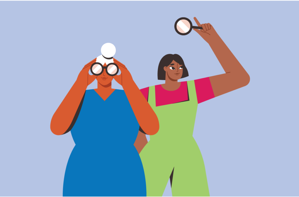 A drawing of two women with binoculars and a magnifying glass. 