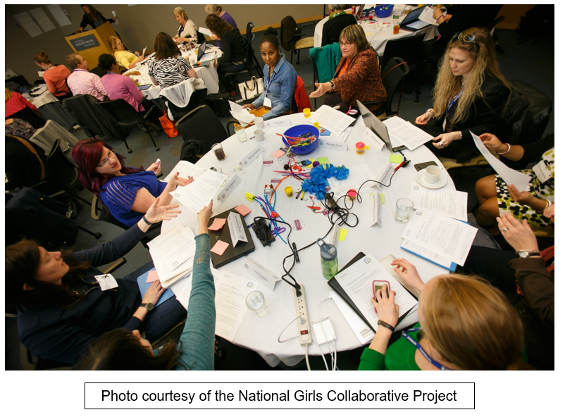 Woman and girls sit around tables at a conference. Text reads: 
Photo courtesy of the National Girls Collaborative project."