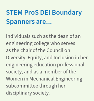 A graphic reading: "STEM Pros DEl Boundary Spanners are... Individuals such as the dean of an engineering college who serves as the chair of the Council on Diversity, Equity, and Inclusion in her engineering education professional society, and as a member of the Women in Mechanical Engineering subcommittee through her disciplinary society."