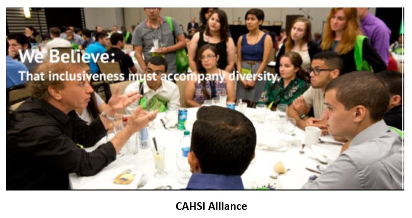 A group of young people speak with a presenter at a conference table, with the text "We Believe: That Inclusiveness must accompany diversity, CAHSI Alliance."