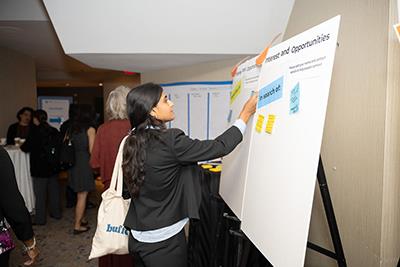 A woman places a card on a large presentation board. 