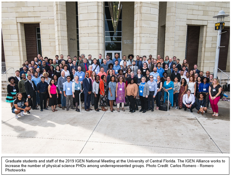 Graduate students and staff of the 2019 IGEN National Meeting pose for a photo at the University of Central Florida. Text reads: "The IGEN Alliance works to increase the number of physical science PHDs among underrepresented groups. Photo Credit: Carlos Romero - Romero Photoworks"