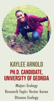 A photo of Kaylee Arnold with the text "KAYLEE ARNOLD PH.D. CANDIDATE,

UNIVERSITY OF GEORGIA Research Topic: Vector-borne

Major: Ecology Disease Ecology"