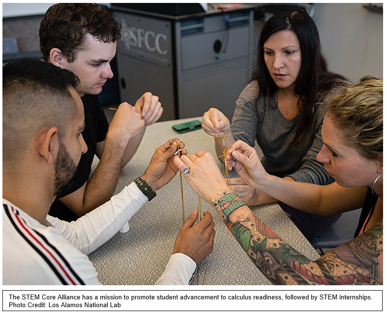 Young people work together on a project, with the text "The STEM Core Alliance has a mission to promote student advancement to calculus readiness, followed by STEM internships. Photo Credit: Los Alamos National Lab"