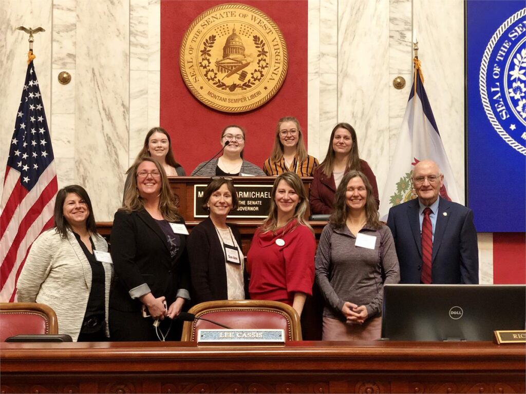 A group of professionals pose for a photo in the West Virginia state senate. 