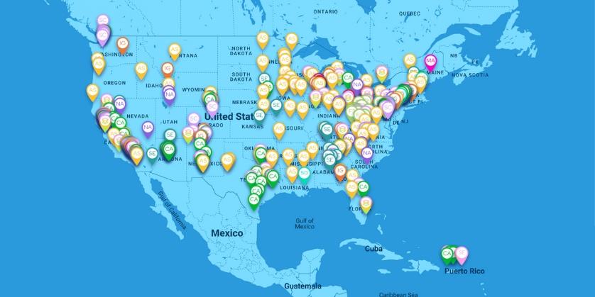 A map of the United States with flags indicating Alliance projects