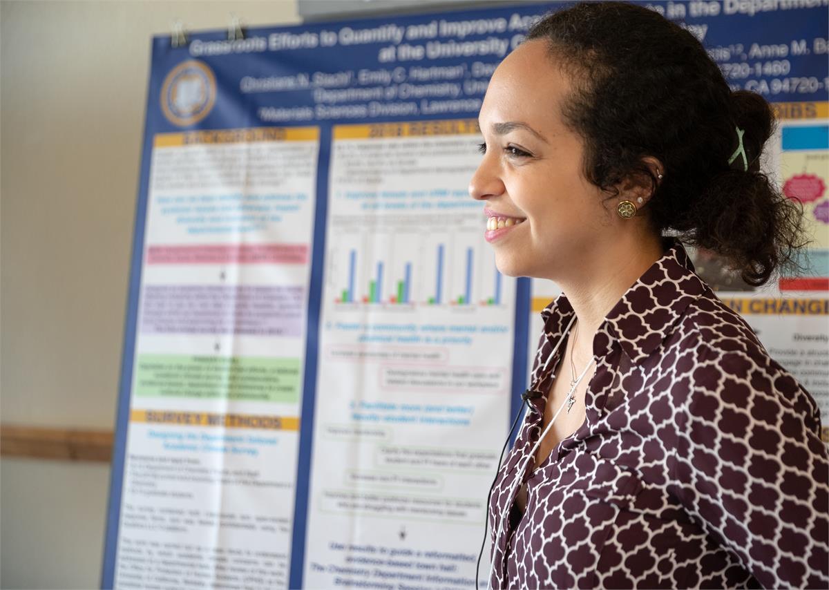 A woman presents from a large academic poster. 